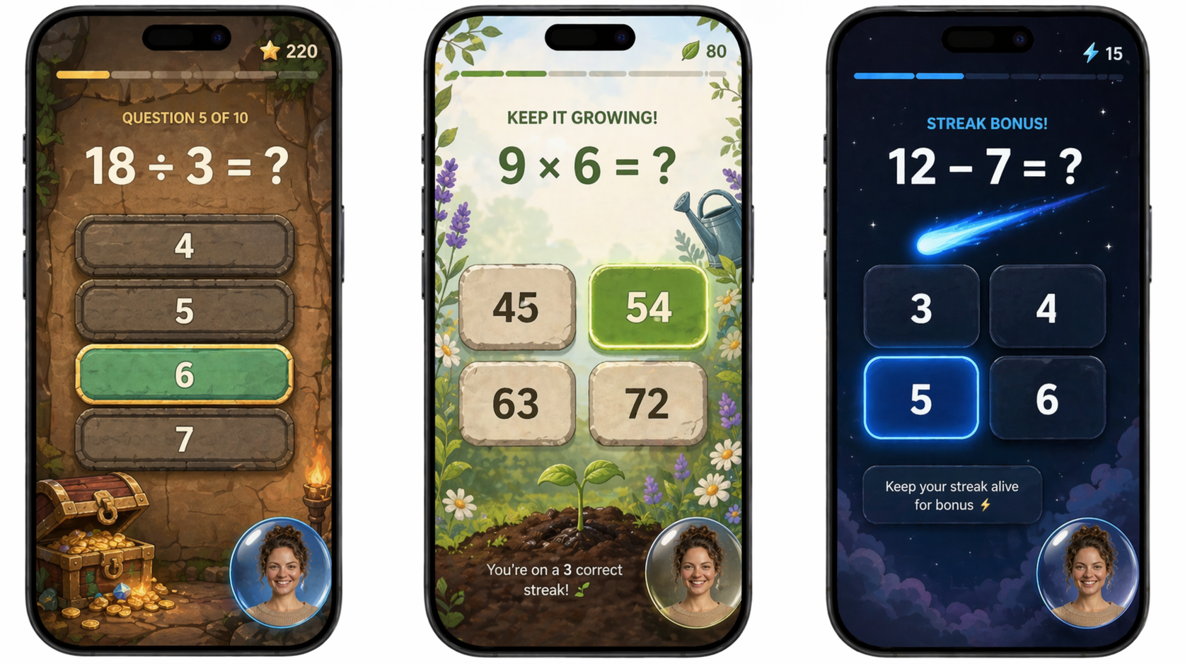 Three phone screens showing numeracy game scenarios with a treasure hunt, a garden growing theme, and a night sky streak bonus.